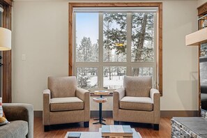 Smart TV, fireplace, books, offices