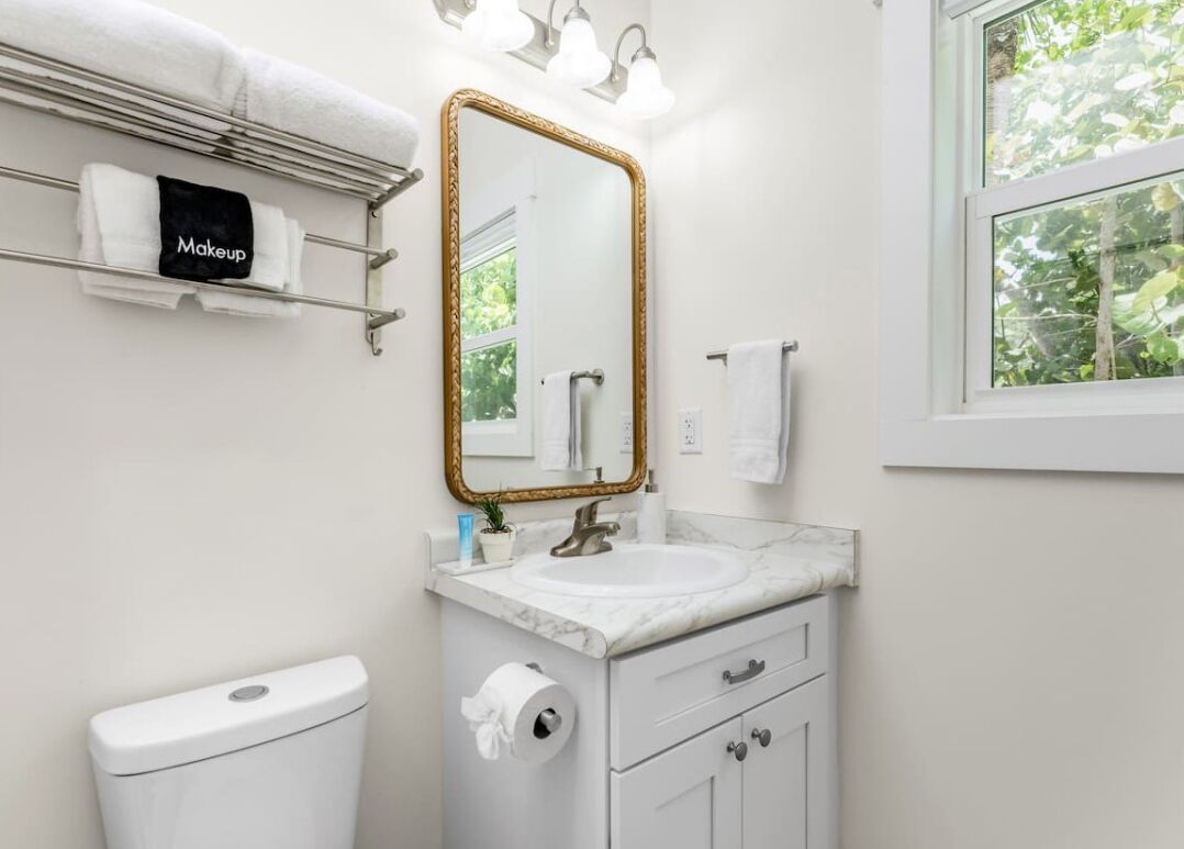 A bathroom with a white vanity, a gold-framed mirror, a toilet, and a window with a view of trees.
