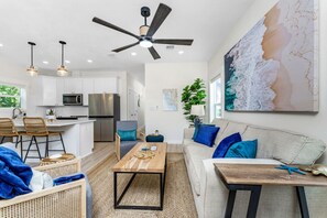 Smart TV, fireplace, DVD player, books