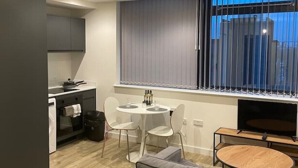 A modern living room with a sofa, a dining table with chairs, a TV, and a kitchen area with cabinets and a window with blinds.
