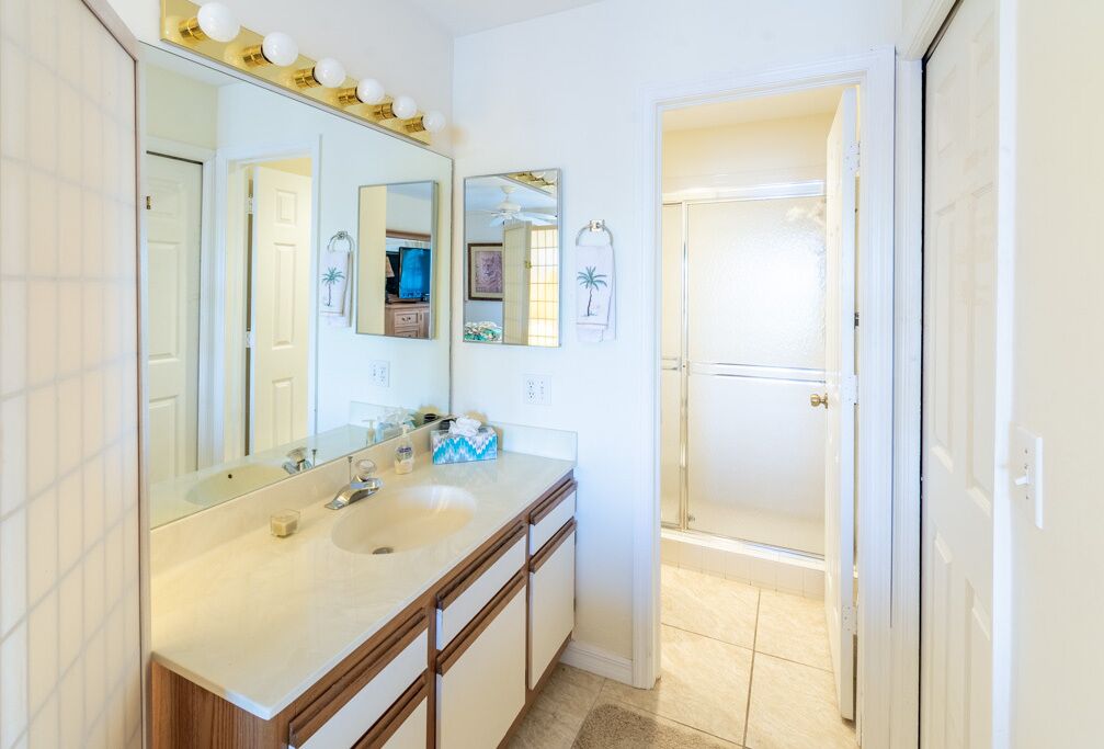 A bathroom with a double sink, a large mirror, and a shower area.