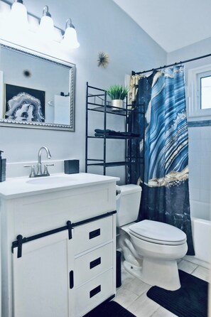 Hair dryer, towels, soap, shampoo