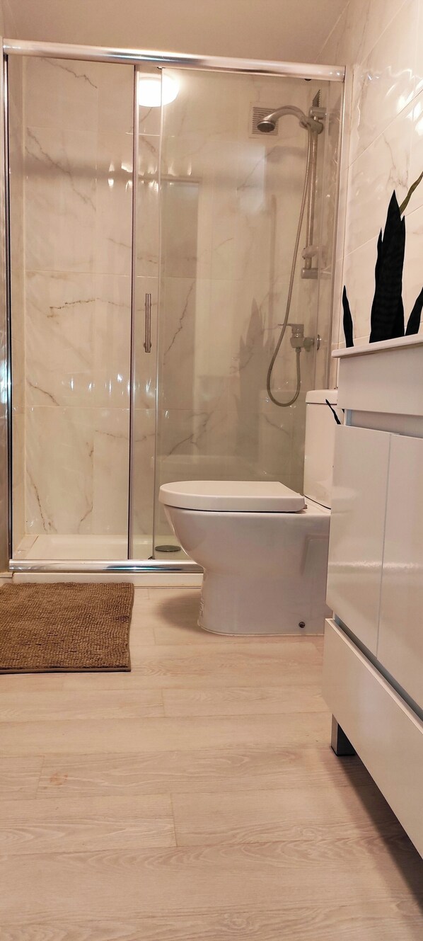 Regadera, secadora de cabello, bidet, toallas 