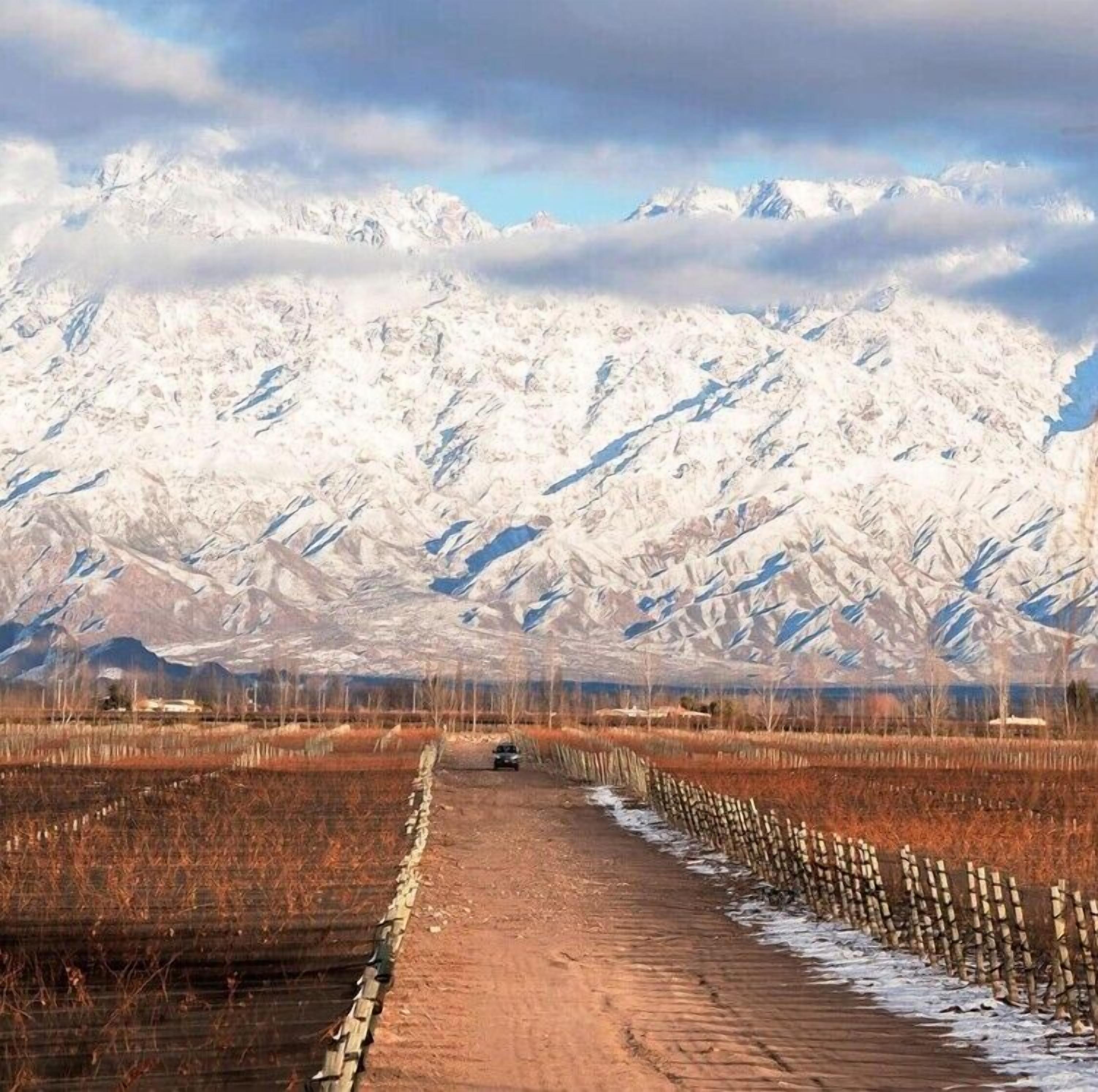 A dirt road leading to a vehicle, surrounded by snow-covered mountains and fields.