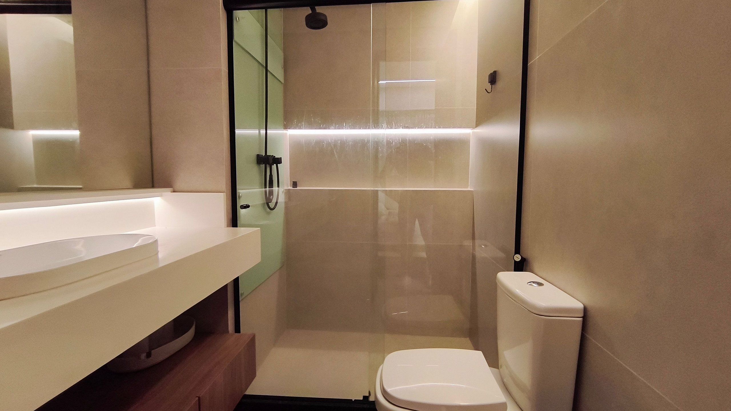A modern bathroom with a glass shower enclosure, a white toilet, and a vanity with a mirror.