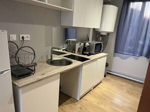 Una cucina compatta con lavello, forno a microonde e bollitore.