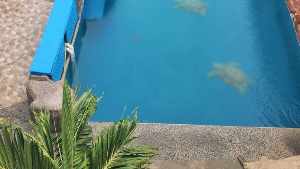 A swimming pool with a slide, a palm tree, and a rock formation. - Hotel San Rafael Poza Rica (Poza Rica)