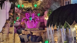 A rock garden with cascading water feature and neon-lit potted plants. - Hotel San Rafael Poza Rica (Poza Rica)