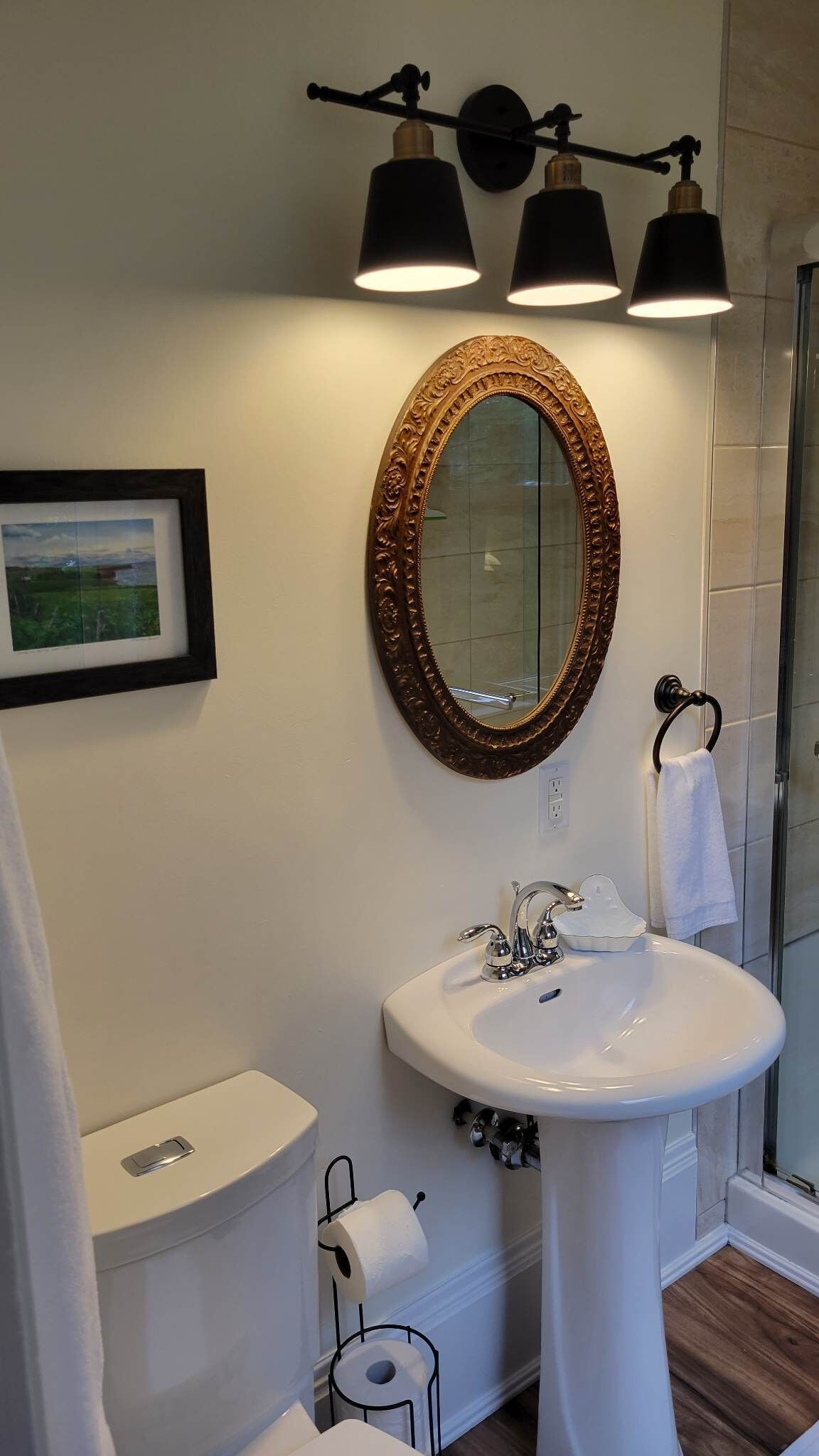 Ein Badezimmer mit weißem Waschbecken, Toilette, einem gerahmten Bild und einer Duschkabine.