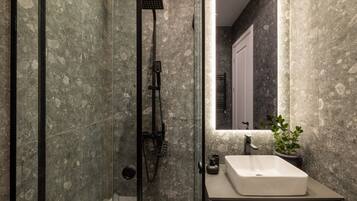 Hair dryer, towels, soap, toilet paper