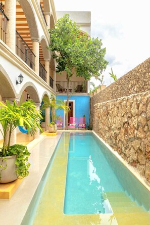 A pool area with a stone wall, potted plants, and a blue building in the background. - Casa Pakal (Valladolid)