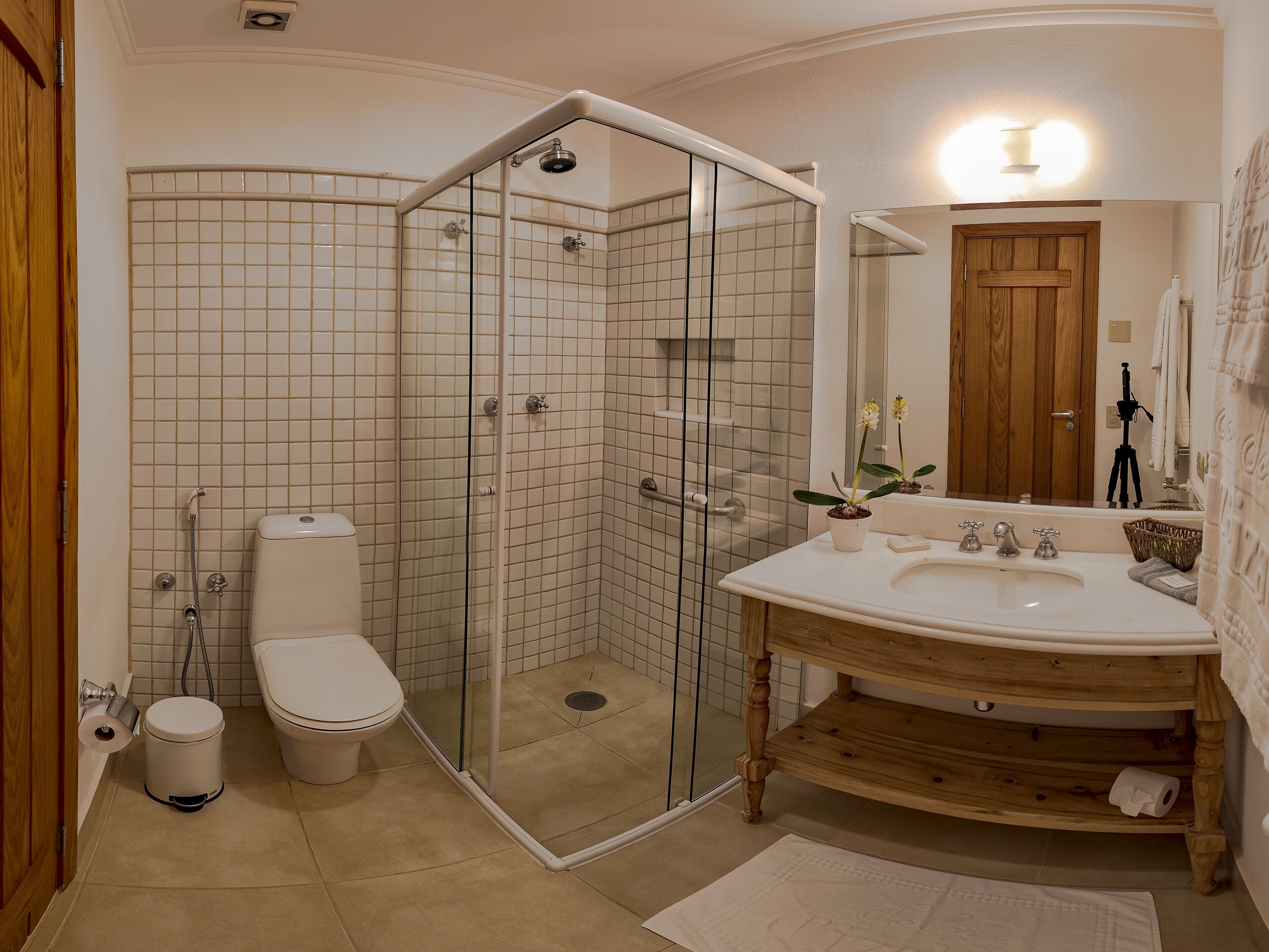 Une salle de bain avec une douche à parois de verre, des toilettes et un lavabo avec un meuble-vasque en bois.
