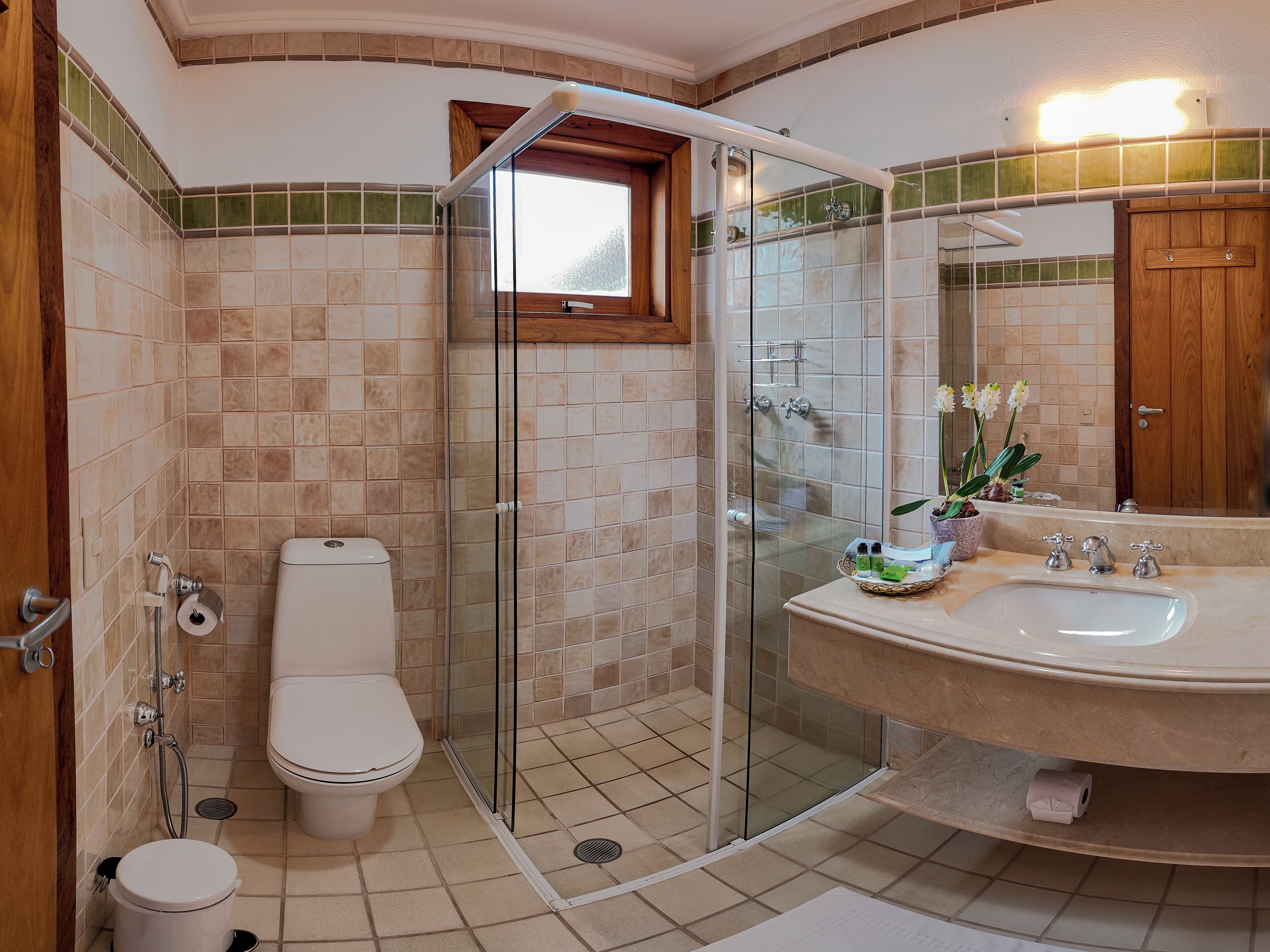 A bathroom with a glass-enclosed shower, a toilet, and a sink with a mirror.