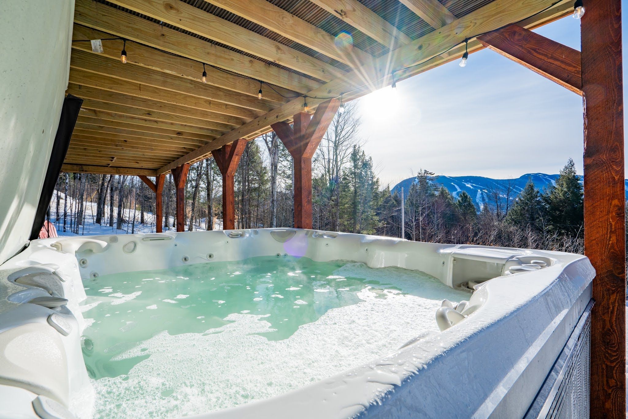 A hot tub with a wooden roof structure and a view of a snowy mountain landscape.