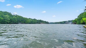 A calm river with a forested bank and a clear sky.