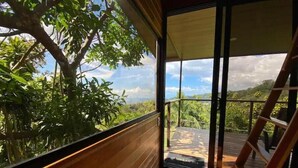 Ein Zimmer mit Holzboden, einem großen Fenster mit Blick auf Grünflächen und einer Leiter.