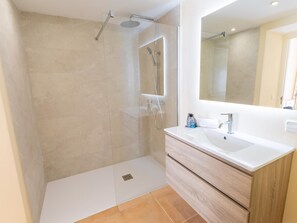 Shower, hair dryer, towels