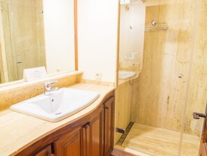 Shower, hair dryer, towels