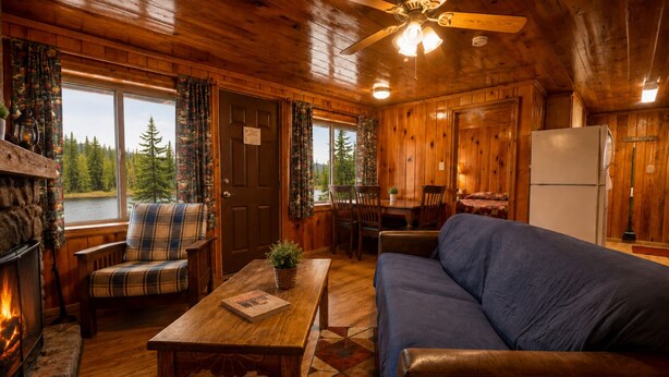 A cozy cabin interior with a fireplace, plaid furniture, a dining area, and a view of trees and water outside. - Located by the River facing the Mountains (Red River)