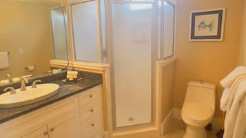 Hair dryer, towels, soap, shampoo