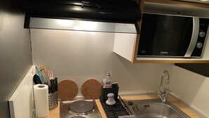 Une cuisine de taille réduite équipée d’une cuisinière, d’un évier et d’un four à micro-ondes.