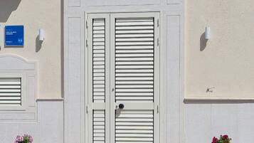 A building facade with a double door, a small window with bars, and two potted plants.
