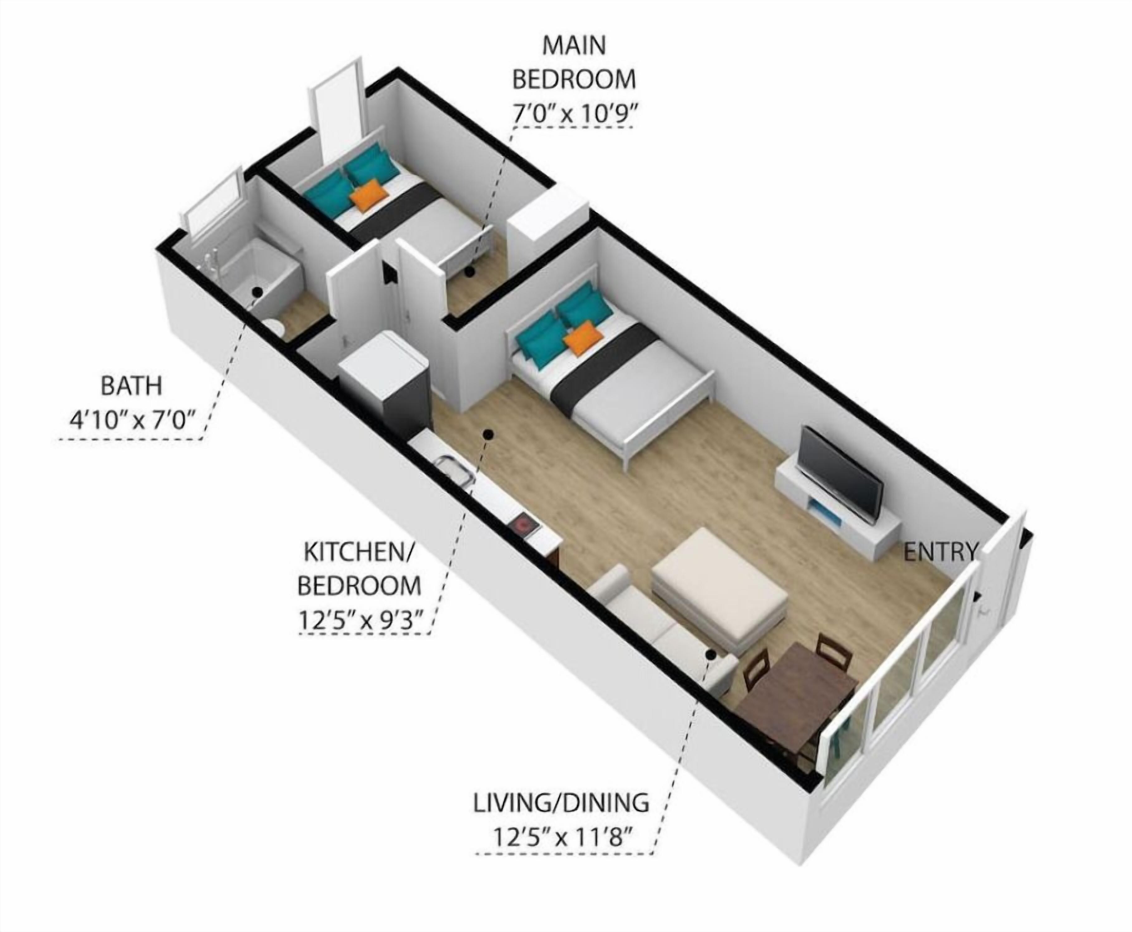 Ein 3D-Grundriss einer Studio-Wohnung mit Schlafbereich, Küchen-/Schlafbereich, Wohn-/Essbereich und einem Badezimmer.