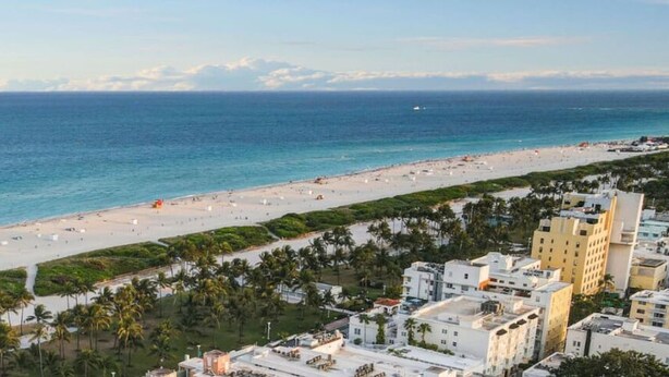 A beachside view with a sandy beach, palm trees, and buildings along the shore. - Ocean Drive Best Deal, w/2 Queen Beds, Near Beach (Miami Beach)
