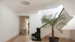 A hallway with a palm tree, a staircase, and a ceiling with a circular design. - Condesa Residence Campeche 276 (Mexico City)