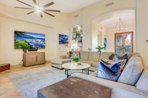 Smart TV, fireplace, video games, table football