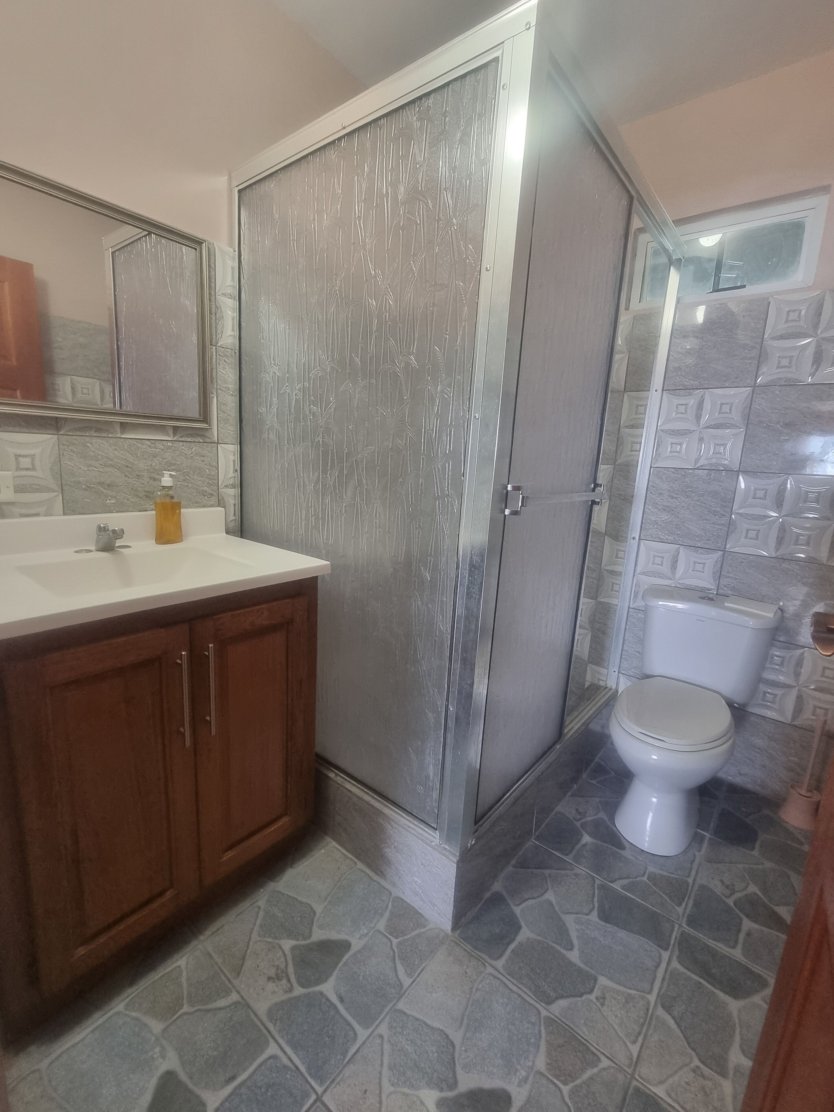Casa de banho com chuveiro, sanita e lavatório.