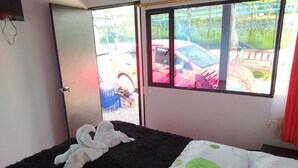 Een slaapkamer met een bed, een raam met uitzicht op geparkeerde auto's en een deur.