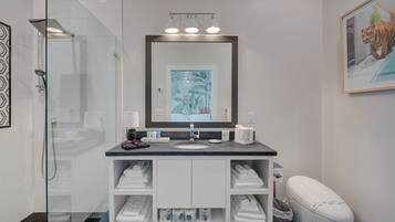 A modern bathroom with a glass-enclosed shower, a white sink with a dark countertop, and a large mirror above it.