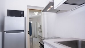 A modern kitchen with a built-in refrigerator, stove, and sink. - Eva Apartment, a stone's throw from the sea (San Vito Lo Capo)