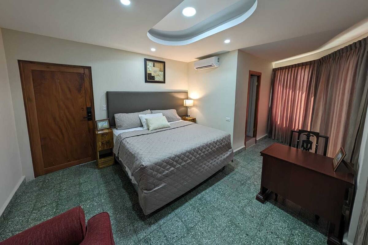 Een hotelkamer met een bed, een bureau, een stoel, een deur, een airconditioning en een schilderij aan de muur.
