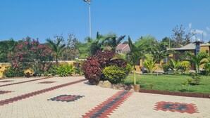 A paved outdoor area with patterned tiles, surrounded by greenery and a solar streetlight.