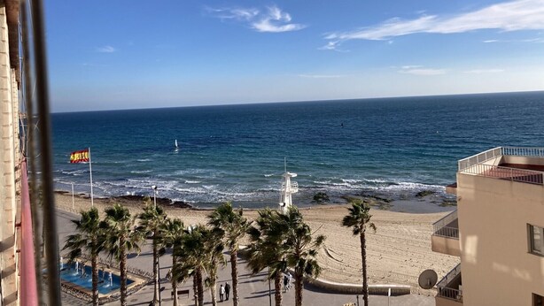 Blick auf einen Strand mit Palmen, einem Rettungsturm und einer Flagge.