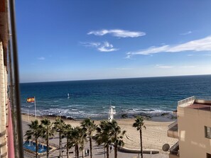 Vistes a la platja amb palmeres, una torre de socorristes i una bandera.