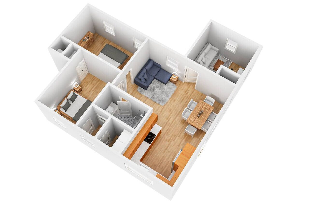 A 3D floor plan of a modern apartment with a living room, kitchen, dining area, and two bedrooms.