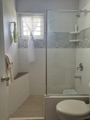 Douche, sèche-cheveux, serviettes fournies, savon