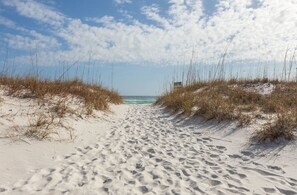 En la playa, camastros y toallas de playa 