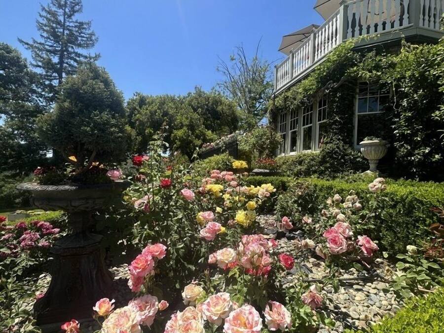 Un jardín con rosas y una fuente, rodeado por un edificio con balcón.