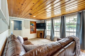 TV connectée, cheminée, livres