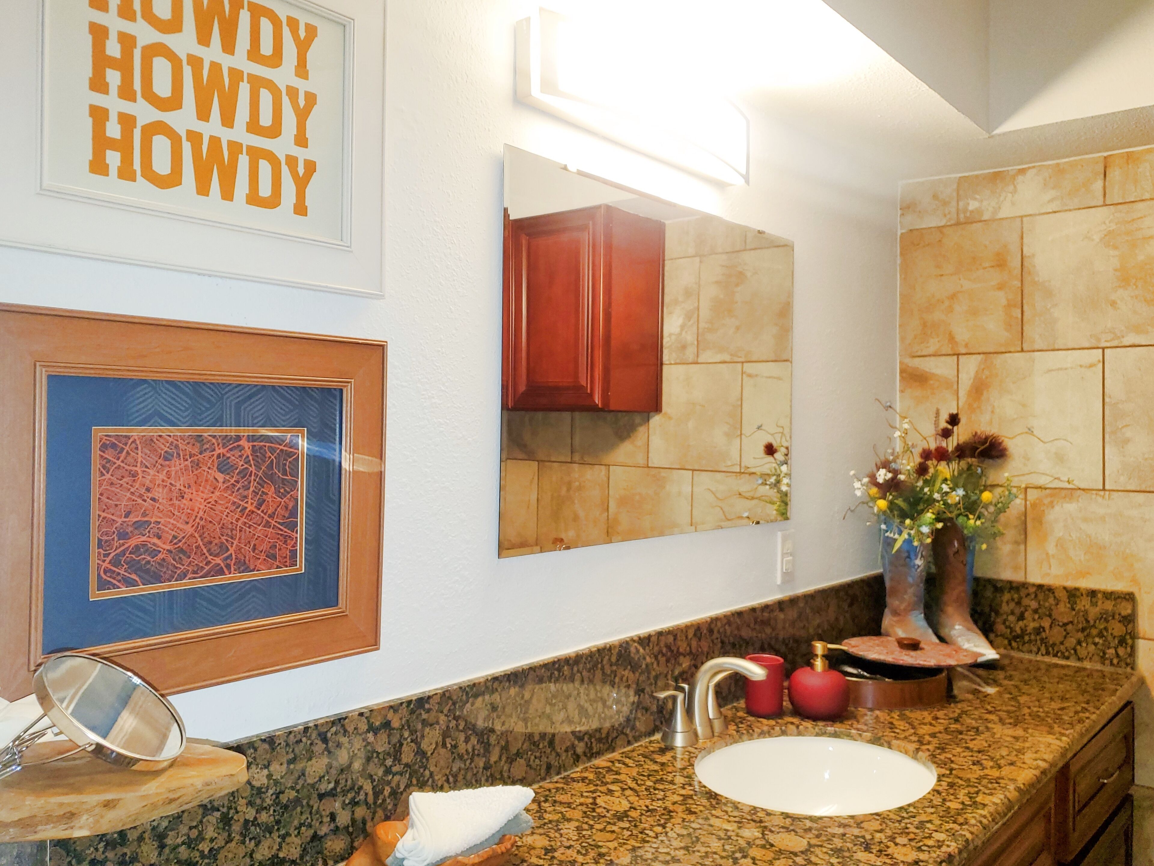 Hair dryer, towels, soap, shampoo