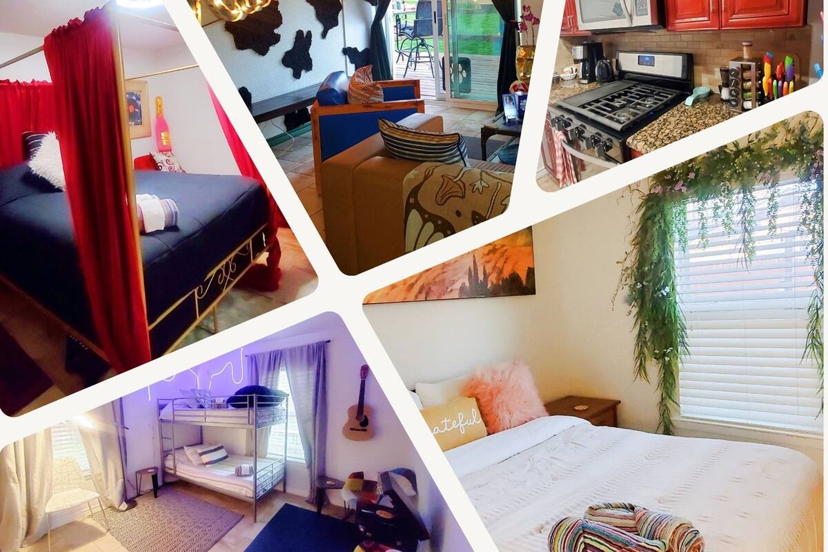 A room with a bunk bed, a desk, a chair, a guitar, and a bed with a colorful blanket.