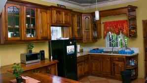 Una cocina con armarios de madera, un refrigerador, un microondas y un lavamanos.