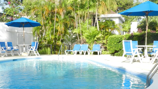 Piscina con sillas y sombrillas azules, rodeada de vegetación y un edificio blanco.