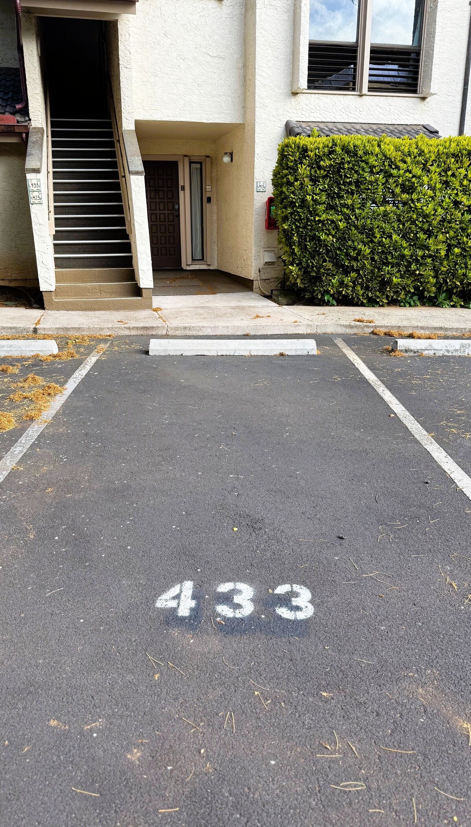 A parking space marked with the number 433, adjacent to a building with a white exterior and a green hedge.