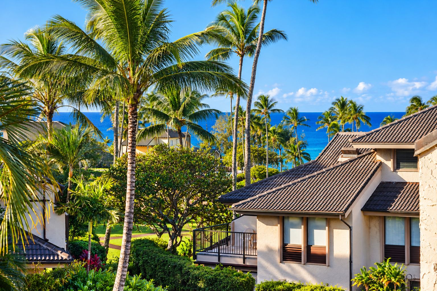 A coastal property with multiple buildings, palm trees, and a view of the ocean.