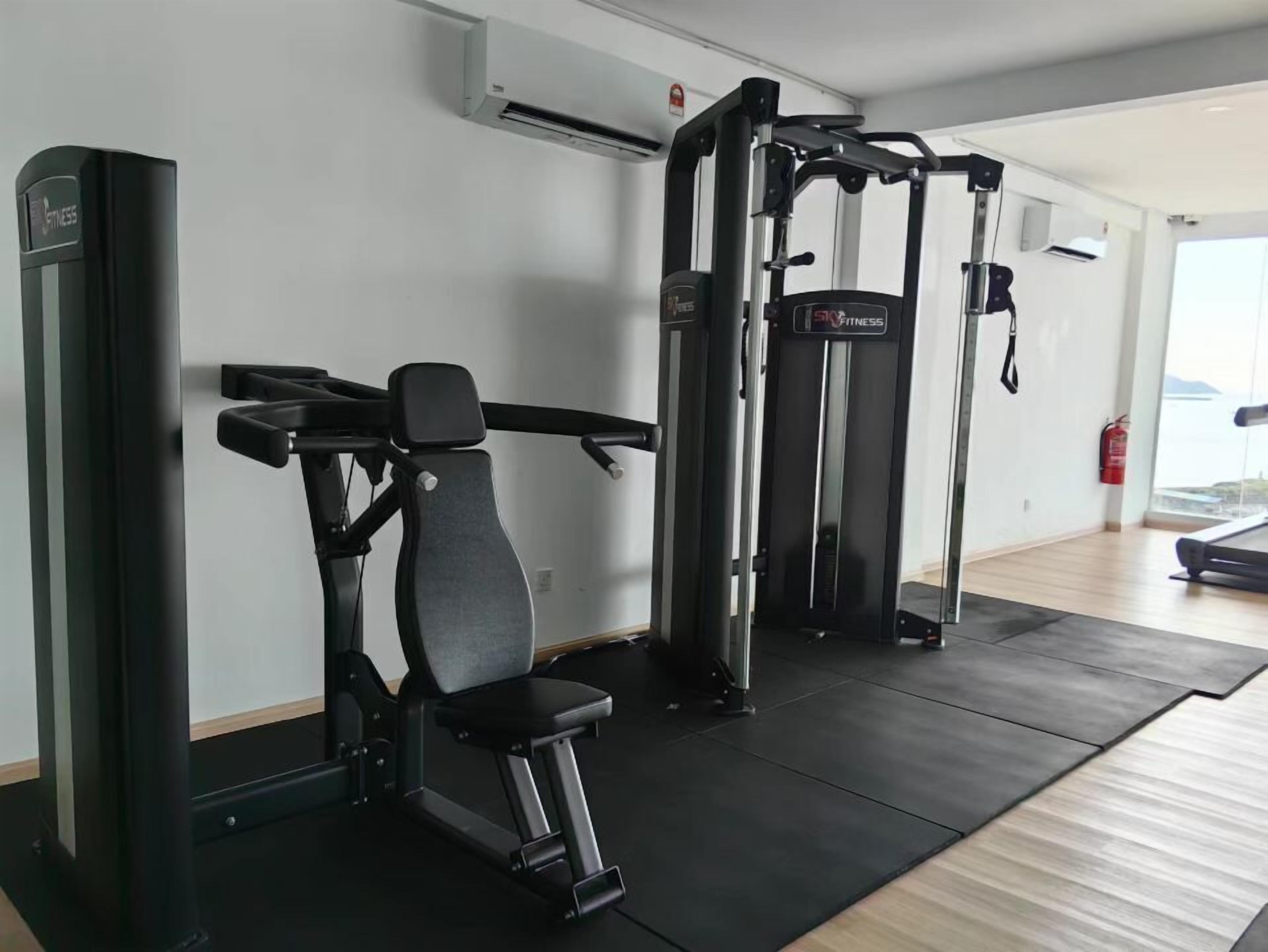 Un gimnasio con una estructura para sentadillas, un banco de pesas y una máquina de poleas.